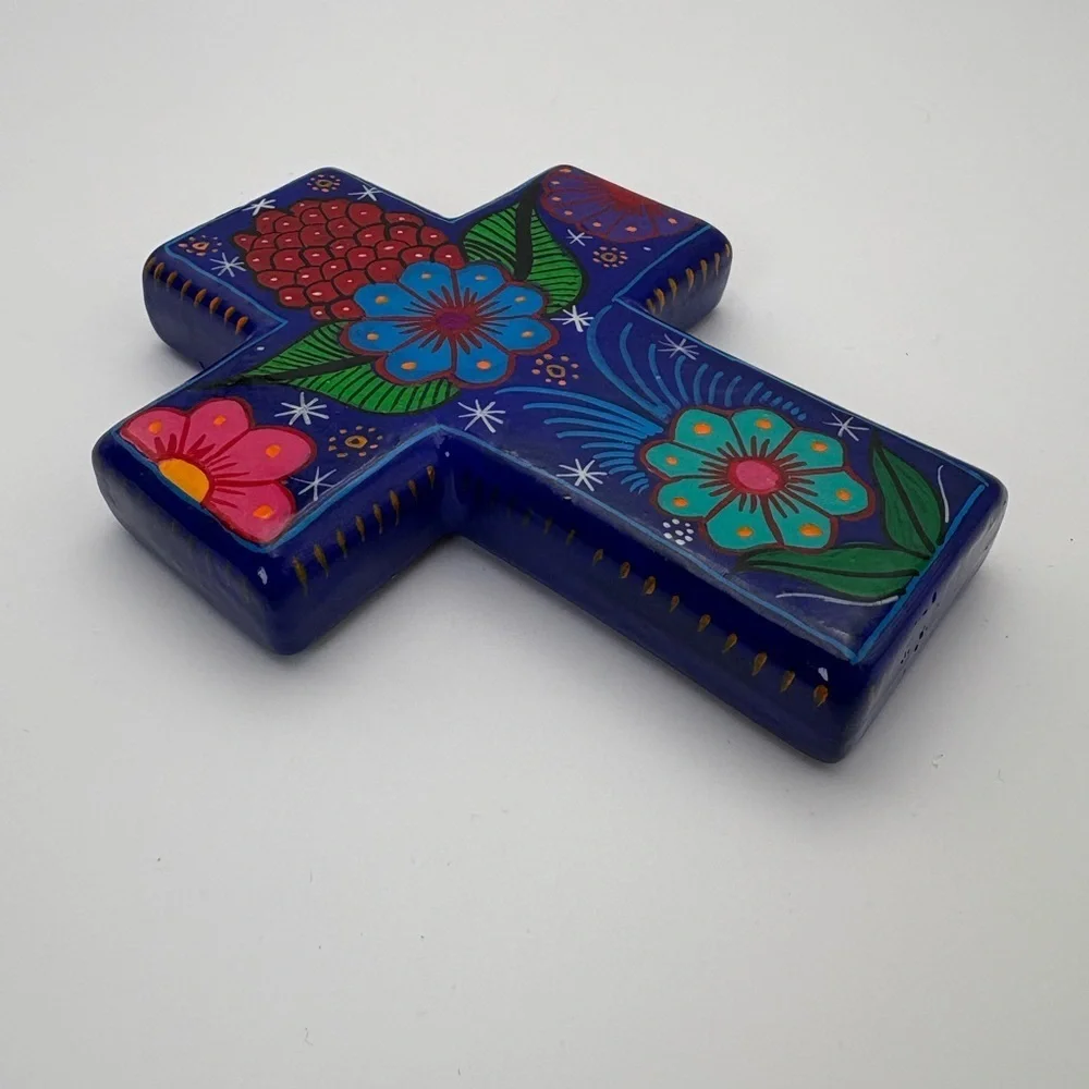 Handcrafted in Mexico Novica Blue Floral Cross Wall Art